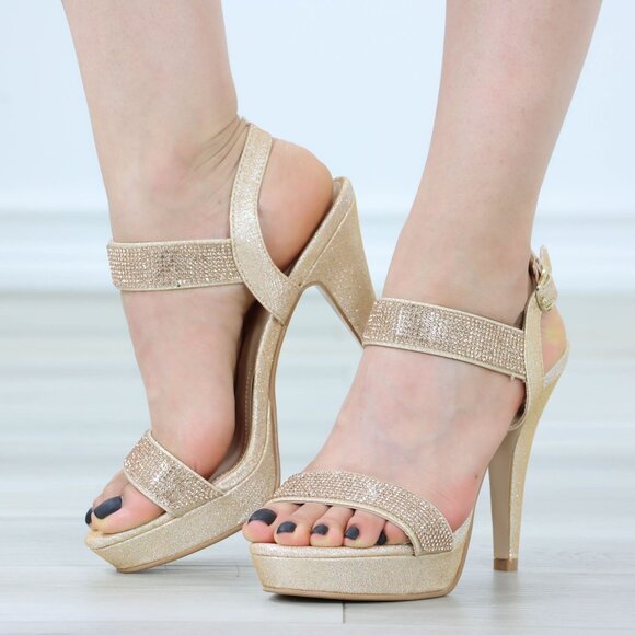 Sparkly Rhinestone Glitter Champagne Platform Ankle Bracelet Open Toe High Heel - Picture 12 of 14